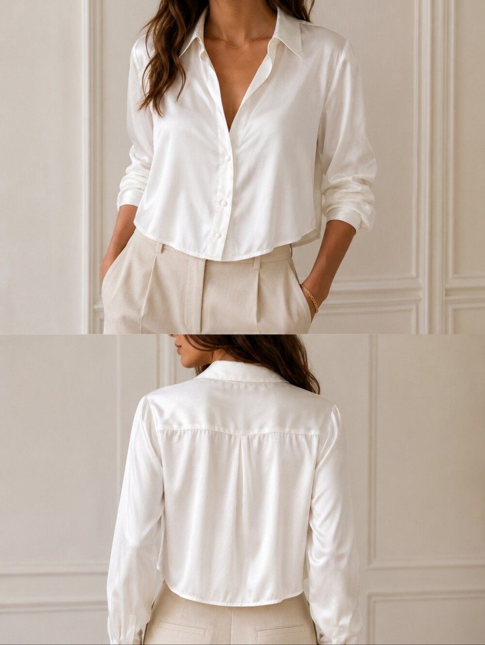 Zara Satin Effect Cropped Button Front Blouse Pearl White NWT S